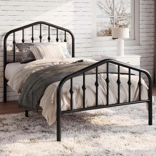 Miniatura 3 de SHA CERLIN Marco de cama de plataforma de metal tamaño individual con cabecero/estribo de hierro forjado estilo victoriano, no requiere somier, Negro