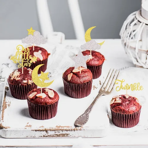 Miniatura 5 de Paquete de 24 adornos para cupcakes con purpurina de luna, nube, estrellas, estrellas, baby shower, niños, cumpleaños, boda, fiesta, decoración
