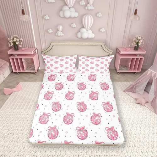 Miniatura 31 de Sábana bajera con lazo azul tamaño individual, juego de ropa de cama de princesa con cerezas, estrellas y flores margaritas de dibujos animados