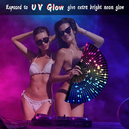 Miniatura 2 de Zolee Ventilador de mano plegable UV Glow Rave con varillas de bambú para hombres y mujeres, gran ventilador de festival Clack - para EDM, fiesta