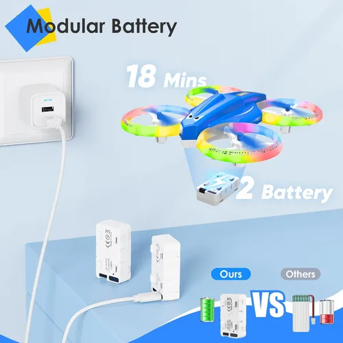 Miniatura 4 de Dron para niños y principiantes con luz LED, pequeño dron de interior con luces RC, voltereta de 360, 2 baterías, juguete volador para niños, regalo