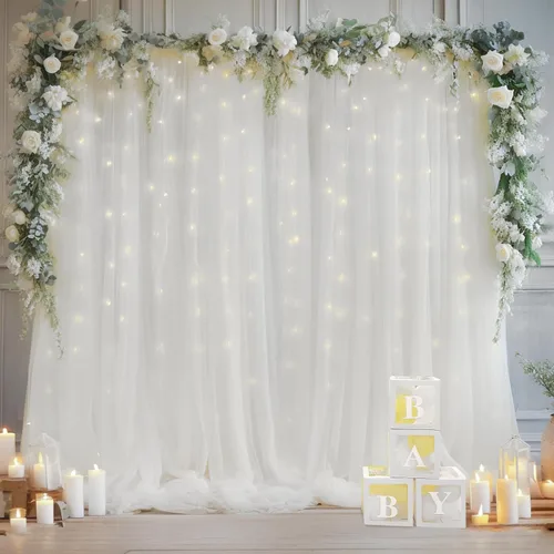 Miniatura 43 de Cortina de telón de fondo de tul negro de 10 x 10 pies con cadena de luces para fiestas, cortinas de fondo de fotos transparentes para bodas
