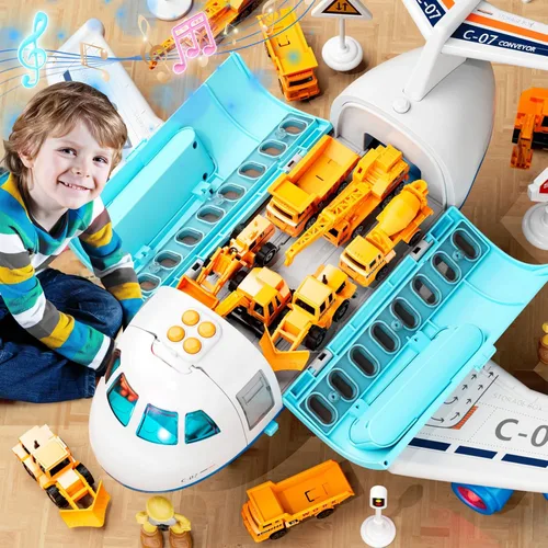 Miniatura 2 de Avión de carga de transporte, juego de juguetes de avión temáticos grandes, juego de vehículos de juguete educativo con sonido y luz de humo, avión