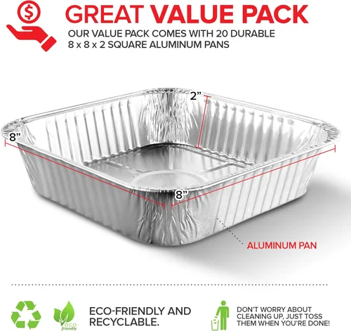 Miniatura 2 de Stock Your Home Sartenes de aluminio desechables de 8 x 8 pulgadas (paquete de 20) – Sartenes cuadrados de 8 pulgadas – Sartenes de papel