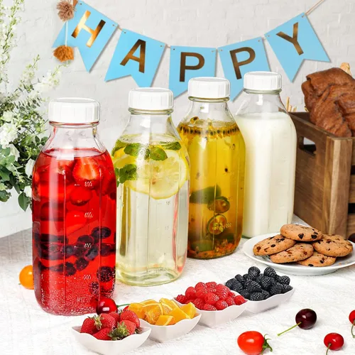 Miniatura 7 de Paquete de 4 botellas de leche de vidrio de 1 litro con escala, tapa de rosca 100% hermética y resistente, tarros de 32 onzas con 2 boquillas