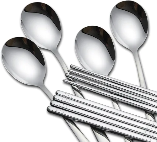 Miniatura 4 de Juego de 4 palillos y cucharas coreanas, juego de metal de acero inoxidable, juego de mango largo plano reutilizable para el hogar, cocina