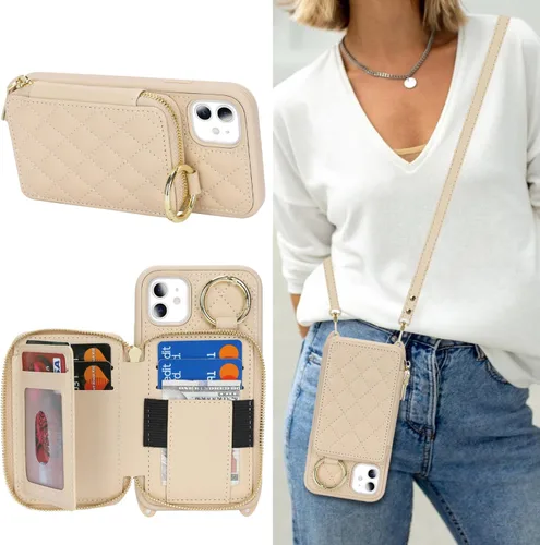 Miniatura 36 de Funda Cartera Bandolera para iPhone 11, Cuero PU Cremallera Bolso Cartera Funda Plegable con Tapa, Funda Folio con Soporte con Ranuras para Tarjetas