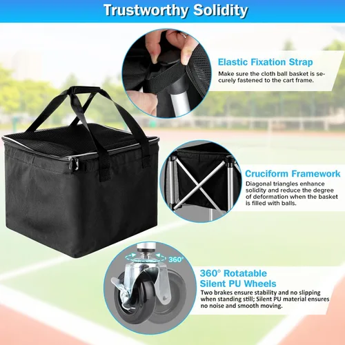 Miniatura 4 de Angooni Carrito de tenis profesional con ruedas silenciosas de poliuretano – 2 opciones de capacidad (150/240 bolas) – Almacenamiento resistente