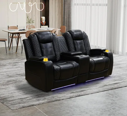 Miniatura 15 de Juego de 3 piezas para sala de estar, sofá reclinable eléctrico de cuero con puertos USB, iluminación LED y portavasos, asientos de cine en casa