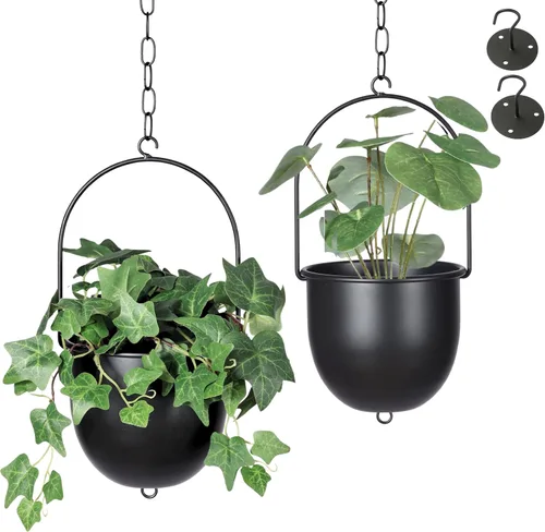 Miniatura 11 de Shineloha - Paquete de 2 macetas colgantes para plantas de interior con maceta de 5.5 pulgadas + gancho de techo, maceta colgante negra, colgador