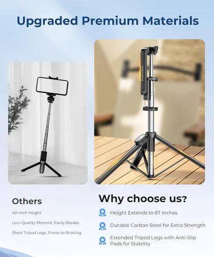 Miniatura 6 de Fuloview Trípode de Viaje para Selfie de 67 Pulgadas, Trípode Extensible para iPhone con Control Remoto Inalámbrico y Soporte para Teléfono, Soporte