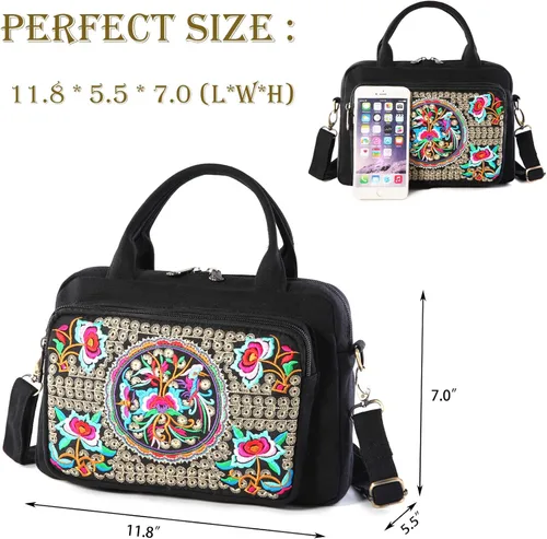 Miniatura 4 de Bolso bandolera de lona bordado con asa superior 3 capas