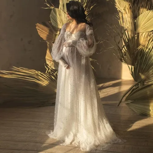 Miniatura 7 de Pearl Tulle Maternity Dress for Photoshoot Long Puffy Sleeve Maternity Photography Gown for Baby Shower Pregnancy Dress
