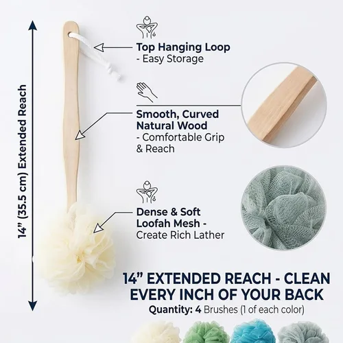 Miniatura 2 de Paquete de 4 esponjas grandes de esponja de esponja de baño con mango largo para ducha, cepillo de espalda para el cuerpo de baño, cepillo de spa