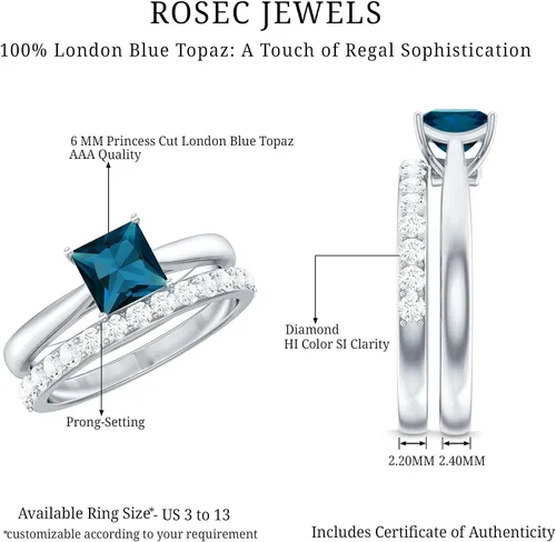 Miniatura 15 de Juego de anillos de boda de topacio azul Londres con diamante, juego de anillos solitarios de topacio azul de corte princesa para mujer (calidad AAA)
