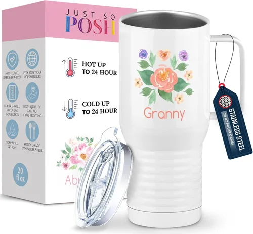 Miniatura 17 de Just So Posh Abuela Flowers Tumbler, Vaso de Café de Viaje con Asa y Tapa Deslizante, Blanco 20 oz Polar Camel, Acero Inoxidable, Aislado al Vacío