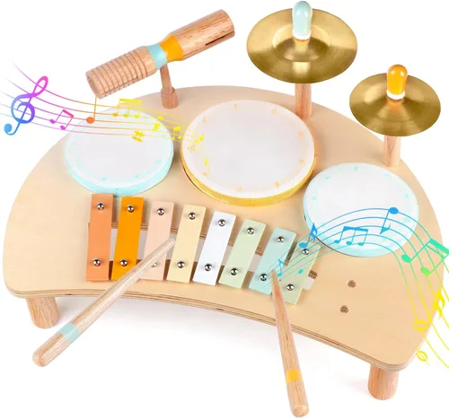 Juego de batería Montessori para niños pequeños de 1 a 3 años, kit de batería de madera para bebé con xilófono, juguetes de música preescolar para