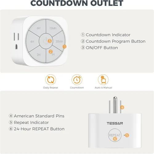 Miniatura 2 de Paquete de 1 enchufe temporizador para interiores, temporizadores de cuenta regresiva para enchufes eléctricos de hasta 6H para luces, plancha