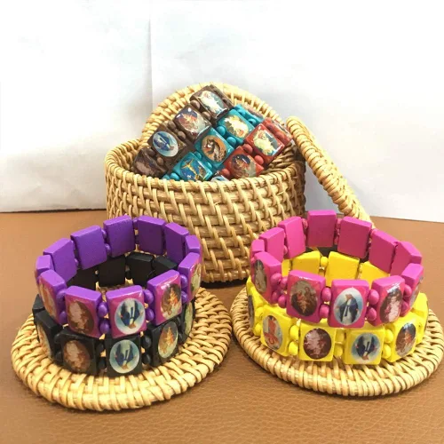 Miniatura 2 de yantu Pulsera elástica de panel pequeño de madera extraíble con imágenes de santos religiosos, Jesús y rosario, Madera