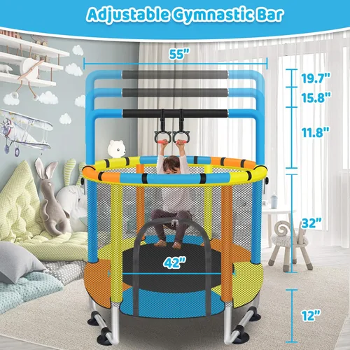 Miniatura 5 de Trampolín para niños de 1 a 8 años, trampolín pequeño de 55 pulgadas con red de seguridad y barra de gimnasia ajustable, mini trampolines para bebés