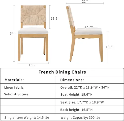 Miniatura 3 de Juego de 2 sillas de comedor de campo francés, sillas de comedor de madera de granja beige, silla de comedor con respaldo tejido con cojín tapizado