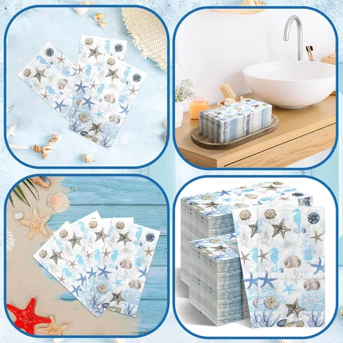Miniatura 5 de Jetec 100 servilletas de papel de playa costeras para baño, desechables, para invitados, náutico, océano, mar, azul, estrella de mar, toallas