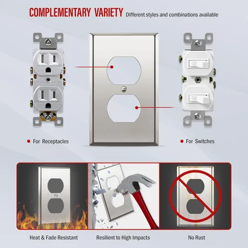 Miniatura 5 de ENERLITES Placa de pared de metal dúplex para receptáculos, cubierta de salida de acero inoxidable, resistente a la corrosión, tamaño de 1 banda