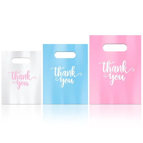 Miniatura 14 de Eersida 200 bolsas de plástico de agradecimiento con asas, bolsas de plástico troqueladas, bolsas de mercancía de compras a granel, 3 tamaños, Negro