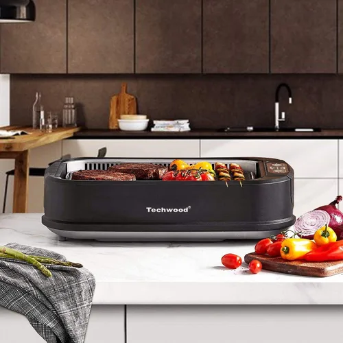 Miniatura 8 de Techwood - Parrilla eléctrica para interiores sin humo, parrilla de barbacoa coreana con tapa de vidrio, tecnología de extractor de humo turbo, Negro