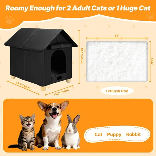 Miniatura 6 de FHTONGE Casa elevada para gatos al aire libre con alfombrilla lavable, refugio resistente a la intemperie para gatos con 2 salidas, perrera aislada