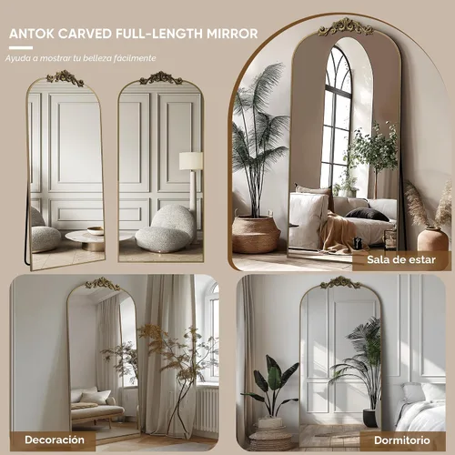 Miniatura 6 de Antok Espejo arqueado de longitud completa, espejo de piso de 71 x 28 pulgadas con tallado, espejos de cuerpo completo para decoración del hogar