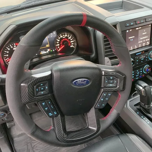 Miniatura 3 de Funda para volante de piel perforada negra y gamuza roja, costura a mano en envoltura para Ford F150 Raptor 2016-2019