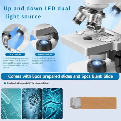 Miniatura 4 de Microscopio trinocular 40x-2000x Ampliación de doble capa con luces LED en la parte superior e inferior, perillas de enfoque dual gruesas
