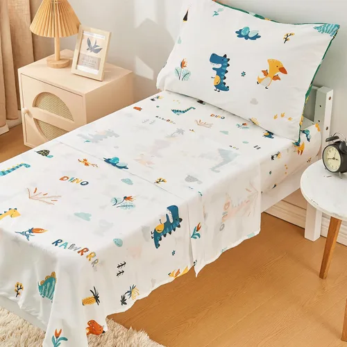 Miniatura 8 de beeweed Juego de ropa de cama de dinosaurio de 4 piezas para niños y niñas, diseño de 2 lados, incluye 1 edredón, 1 sábana bajera, 1 sábana encimera