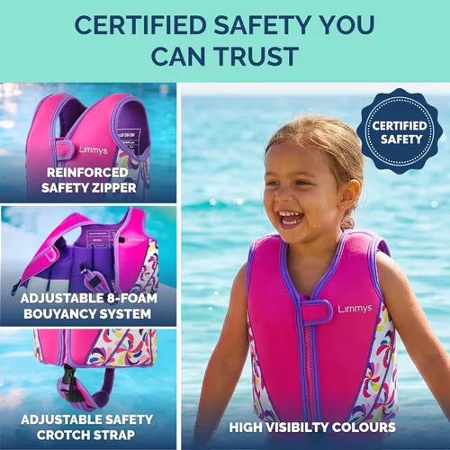 Miniatura 3 de Limmys Chaleco de natación para niños pequeños y niños, ayuda de natación de flotabilidad ajustable, certificado de seguridad CE, diseño galardonado