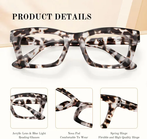 Miniatura 3 de Reading Glasses for Women - Stylish Blue Light Blocking Glasses Square Readers with Spring Hinge C1-tortuga blanca