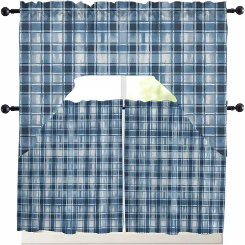 Juego de 3 cortinas de cocina con festón azul a cuadros de acuarela con cenefa, 3 piezas con bolsillo para barra, cortinas para dormitorio, baño,