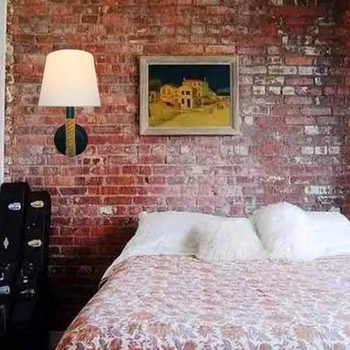 Miniatura 4 de Vintage Wall Light Hemp Rope Bedside Sconce Rustic Industrial Headboard Lamp, Farmhouse Wall Mount Lighting Fixture with Flared White Textile Lamp