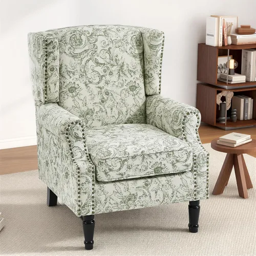 Miniatura 3 de Silla de Acento de Respaldo Alto, Sillón Tapizado en Tela para Sala de Estar, Sillón Wingback con Estampado Floral con Patas de Madera Maciza, Sofá