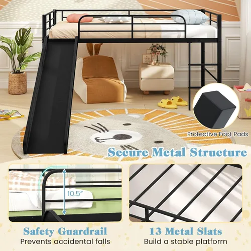 Miniatura 6 de Giantex Cama baja tipo loft con tobogán, marco de cama individual de metal con escalera de escalada, barandilla y espacio de almacenamiento