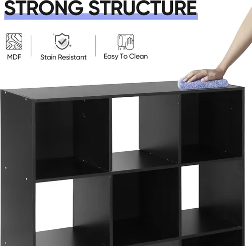 Miniatura 8 de Organizador de estantes de almacenamiento de 9 cubos, unidad de organización de estantería de madera, estantes de cubo para el hogar, oficina, Negro