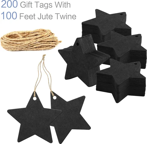 Miniatura 2 de 200 etiquetas de regalo de papel kraft negro con hilo de yute natural de 100 pies para embalaje de manualidades, la etiqueta mide 2.4 pulgadas