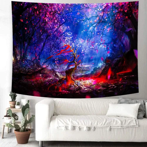 Miniatura 4 de Delur Tapiz de bosque de fantasía, árbol de la vida, mágico cuento de hadas encantado, tapiz para colgar en la pared, tapiz místico psicodélico