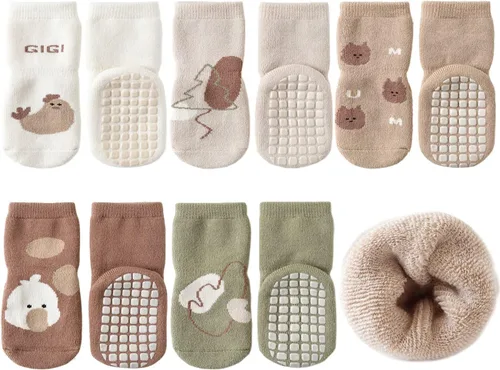 Miniatura 10 de Exegawe Calcetines antideslizantes para bebé, 5 pares de calcetines gruesos y cálidos con empuñaduras