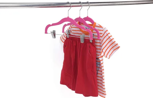 Miniatura 9 de Perchas de plástico de calidad para niños, no aterciopeladas, delgadas, compactas, con clips de metal, para faldas, pantalones, blusas, gancho Rosa