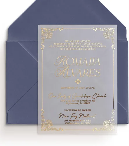 Juego de 10 invitaciones de quinceañera, invitaciones de membrillo Gold Mis para niña de 15 cumpleaños, tarjetas de quinceañera de vellum,
