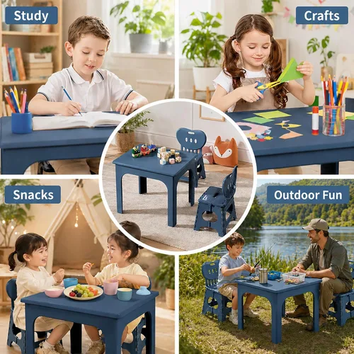 Miniatura 3 de UNICOO® Juego de mesa plegable y ajustable en altura para niños con 2 sillas plegables, compacto, plegable y portátil, para actividades de niños Azul