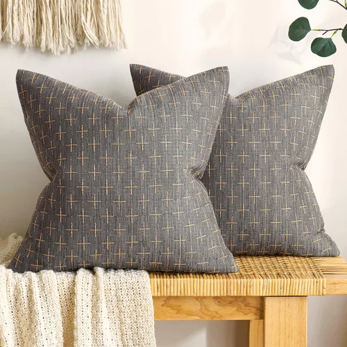 MIULEE - Juego de 2 fundas de almohada decorativas de lino de arpillera, modernas, estilo campestre, rústicas, tejidas, con textura, para sofá, Gris
