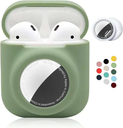 Funda protectora de silicona 2 en 1 compatible con AirPod 1 y 2 y AirTag, funda protectora suave y completa con 2 protectores de pantalla de TPU,