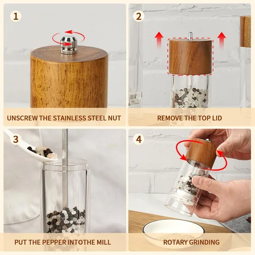 Miniatura 4 de SHIKORI Molinillo de pimienta, molinillo de sal, molinillo de pimienta de madera con grosor ajustable, de madera alta, recargable, manual, molinillo